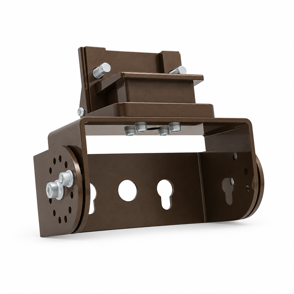 Bronze adjustable area light mounting bracket with bolts and mounting holes