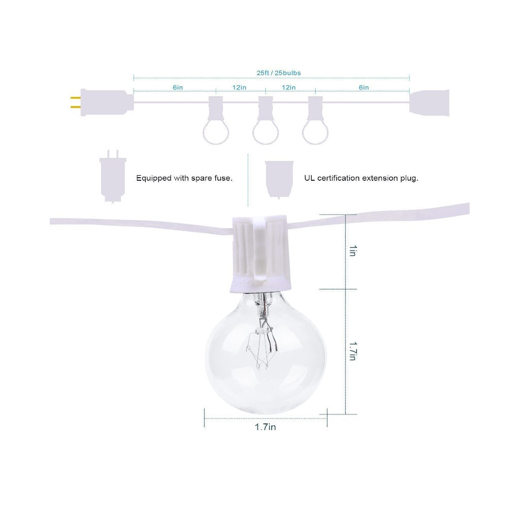 Light52 outdoor lights 25ft edison G40 Bulbs Our Light52 G40 outdoor string lights add a decorative touch to any event. Featuring 25ft of Edison-style bulbs, they brighten up your outdoor patio, garden or balcony. Choose from a range of bulb sizes, sizes and types - so you can customize your light to fit your space.