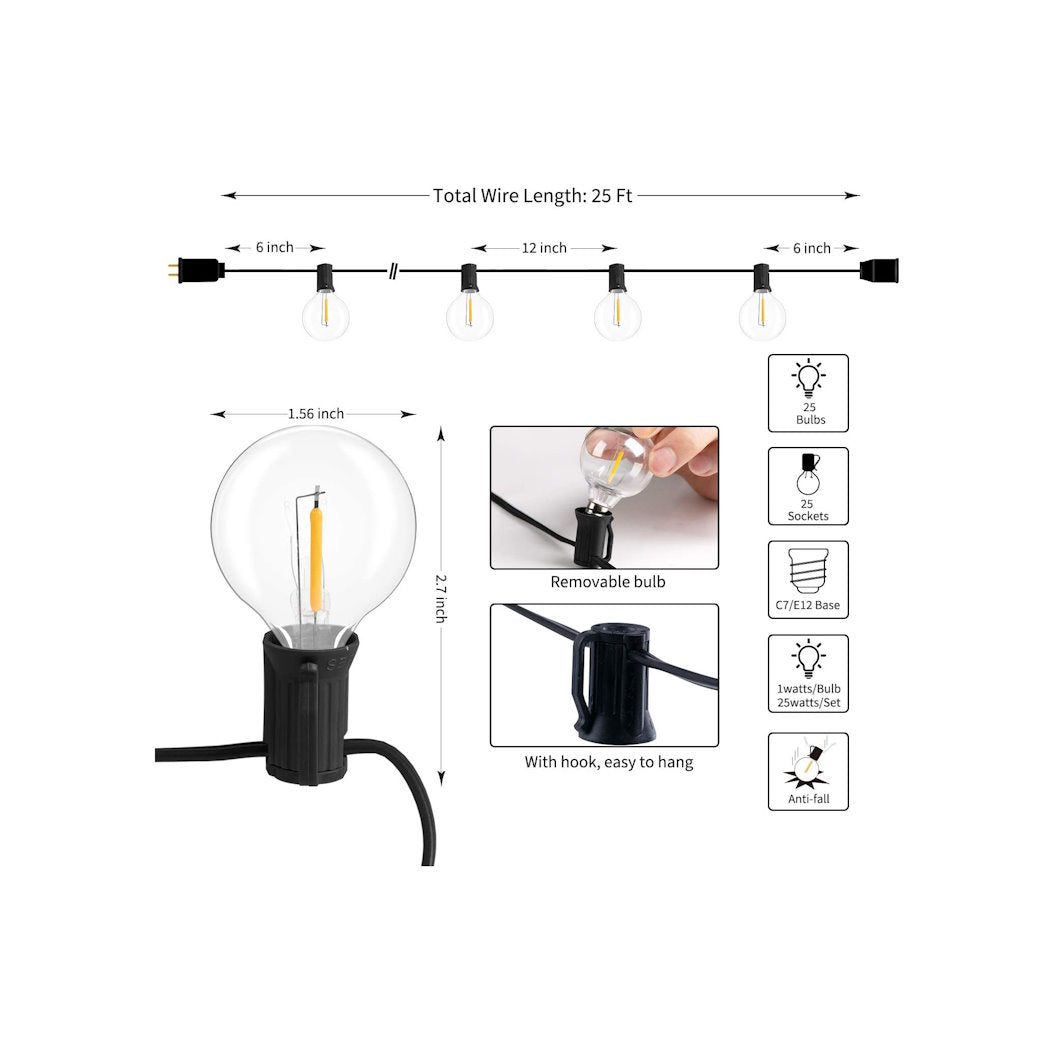 Light52 G40 LED Outdoor 25ft lights offer convenience and savings. Durable LED bulbs are designed to last and be energy-efficient, replacing traditional Christmas lights with up to 90% less energy. Available in a variety of bulb sizes including G40, they’re perfect for outdoor decoration.