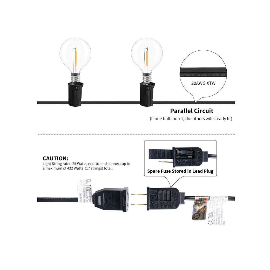 Light52 G40 LED Outdoor 25ft lights offer convenience and savings. Durable LED bulbs are designed to last and be energy-efficient, replacing traditional Christmas lights with up to 90% less energy. Available in a variety of bulb sizes including G40, they’re perfect for outdoor decoration.