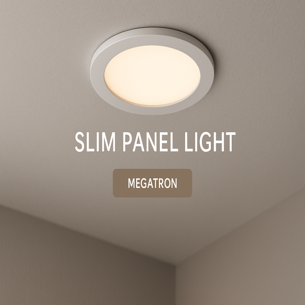 Slim panel light fixture on a ceiling with 'Megatron' branding.