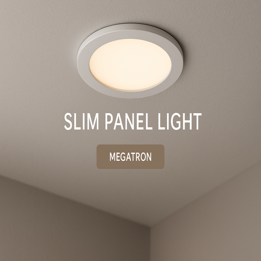 Slim panel light fixture on a ceiling with 'Megatron' branding.
