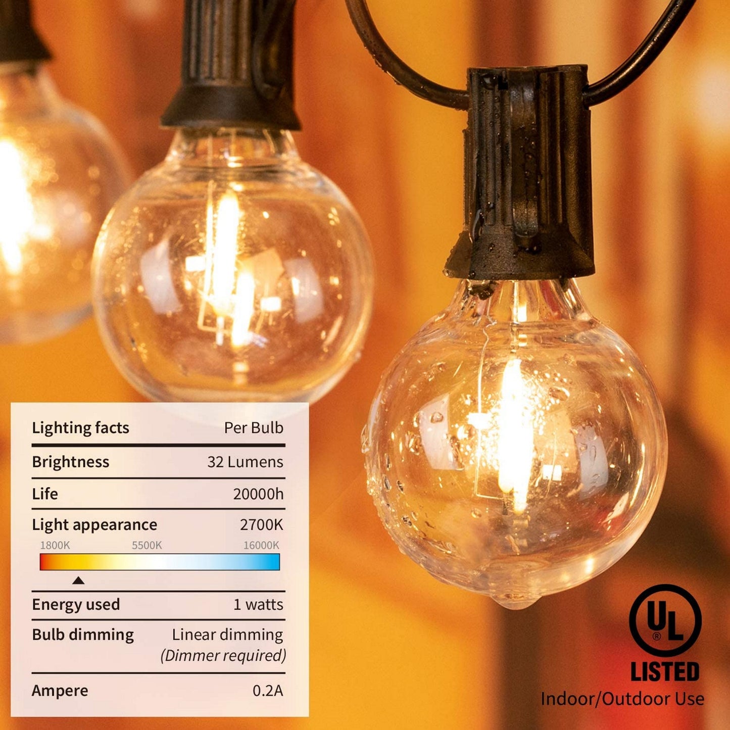 Vintage LED Globe G40 Solar String Light - Light52.com Experience the magic of the holidays with LED String Lighting G40 solar light. Our energy-efficient light bulbs create a beautiful, festive atmosphere with no need for replacement. Enjoy the convenience of the size chart to choose the perfect G40 light string for you. Create bright, stunning displays with our LED G40 string lights that will last throughout the season for your family and friends to enjoy.