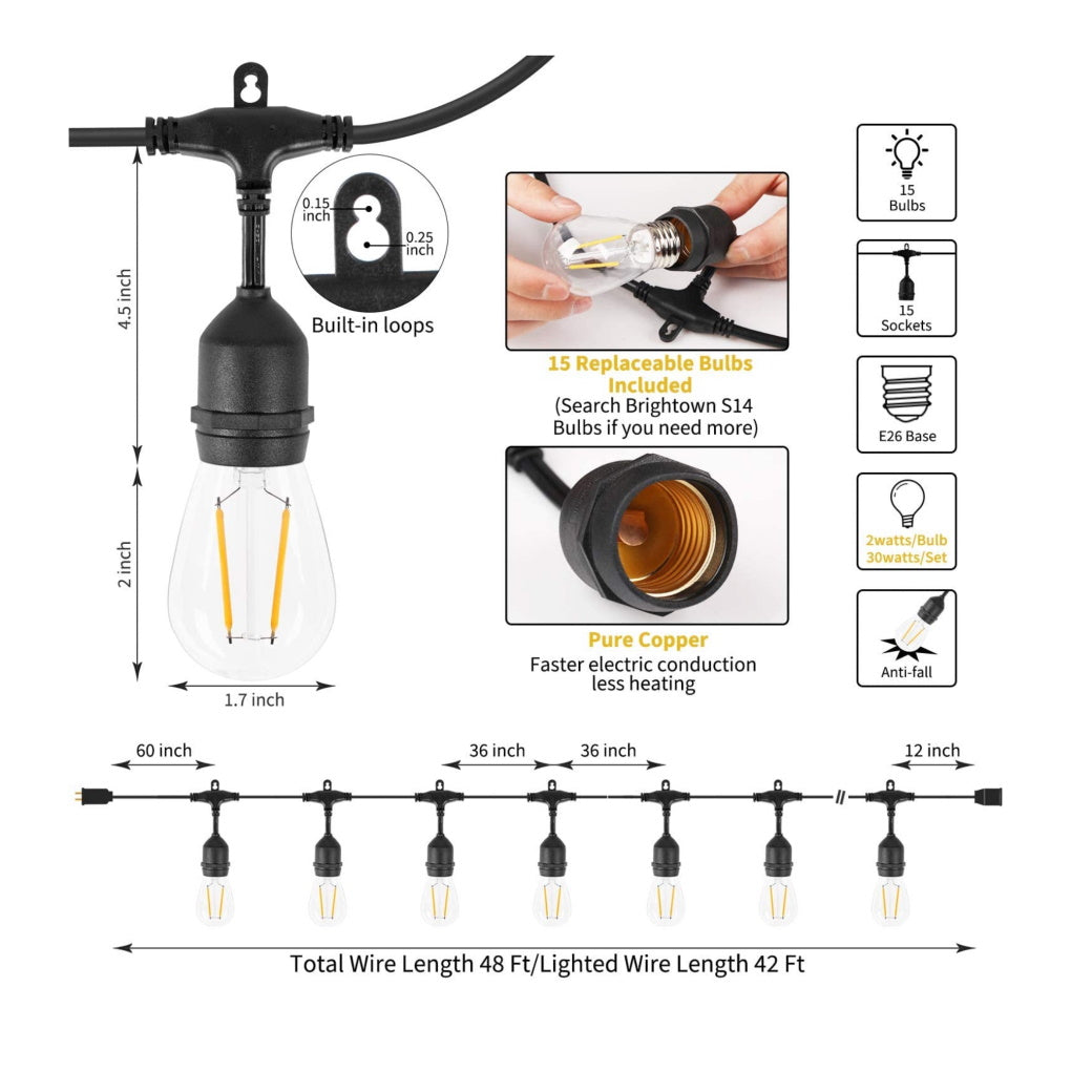 LED Solar String Light Vintage 48ft 15Bulbs+1Extra 1.5Watt - Light52.com "g40 solar string lights" "20 ft 10 socket led outdoor solar string light" "25 solar string lights" "g40 solar string lights instructions" "shatterproof solar string lights" "outdoor string lights canada" "outdoor 20 ft 10 socket led solar edison bulb string light" "rechargeable pathway lights" "g40 solar string lights" "25 solar string lights" "g40 solar string lights instructions" "shatterproof solar string lights"
