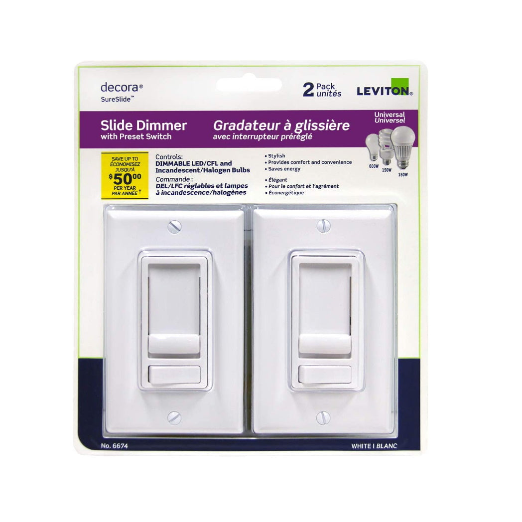 2 Pack Dimmer Light Switch – Single Pole / 3-Way, LED/CFL Compatible, White