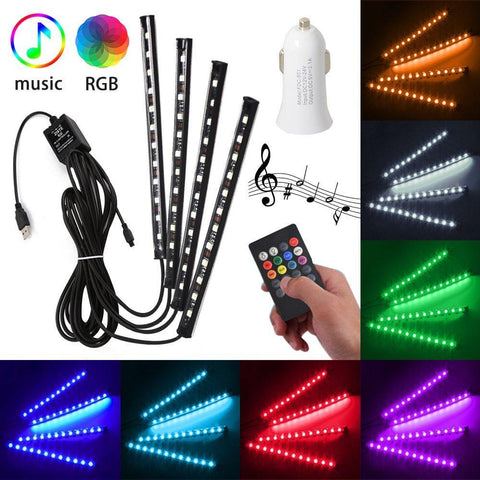 Car LED Interior Strips RGB Remote+USB - Light52.com