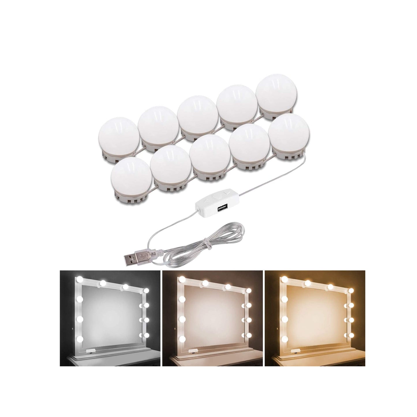 Vanity Mirror Light 10 Bulb USB 3 Color modes dimmable - Light52.com